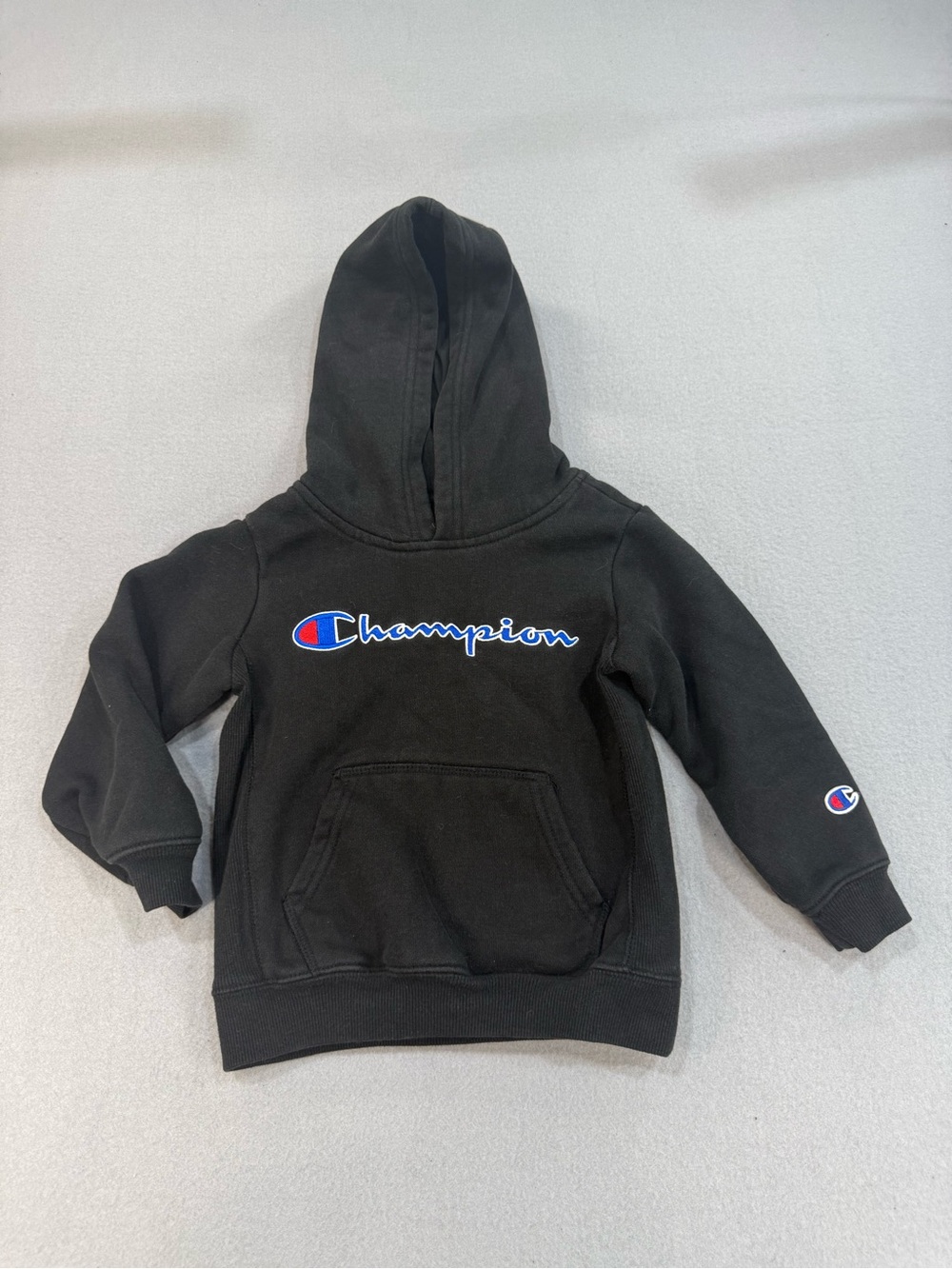 Champion Kids Black Hoodie with Blue & Red Script Logo